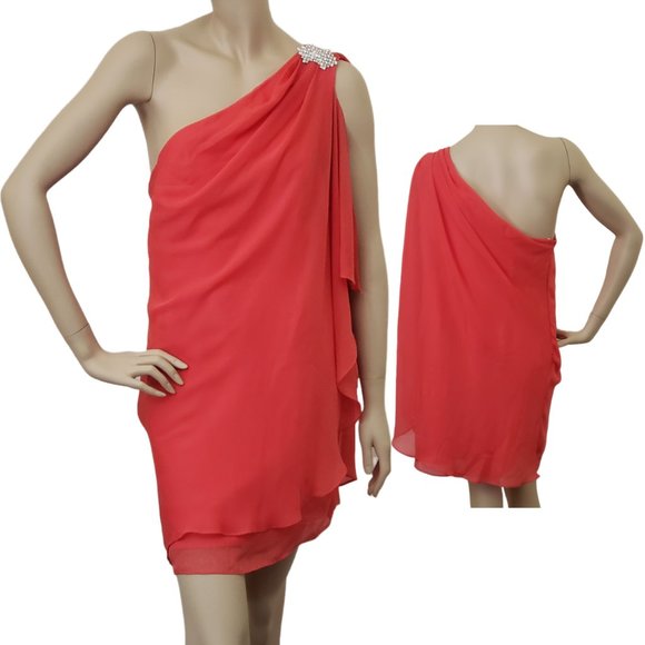 Sally USA Asymmetrical Brooch Scarf One Shoulder Chiffon Dress SZ XL Red - Picture 1 of 10